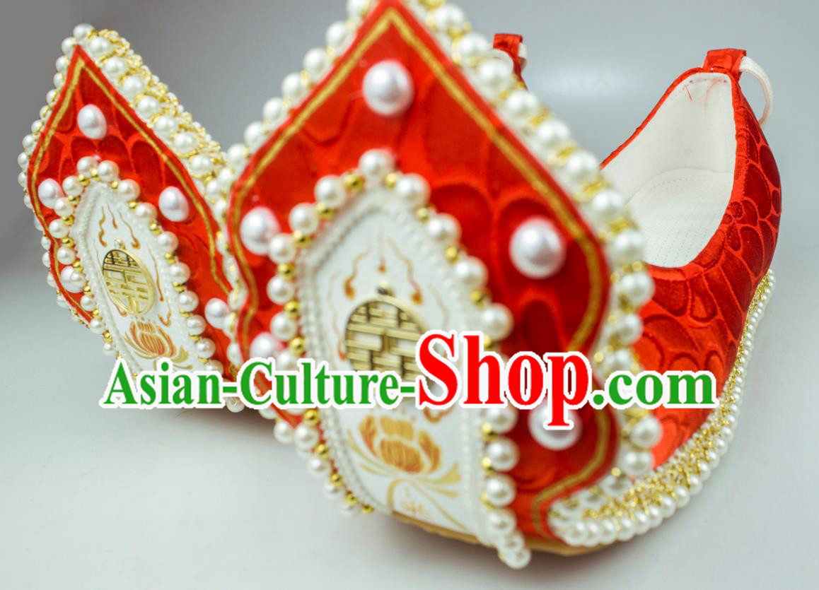 China Classical Wedding Pearls Shoes Red Brocade Hanfu Shoes Traditional Song Dynasty Princess Shoes