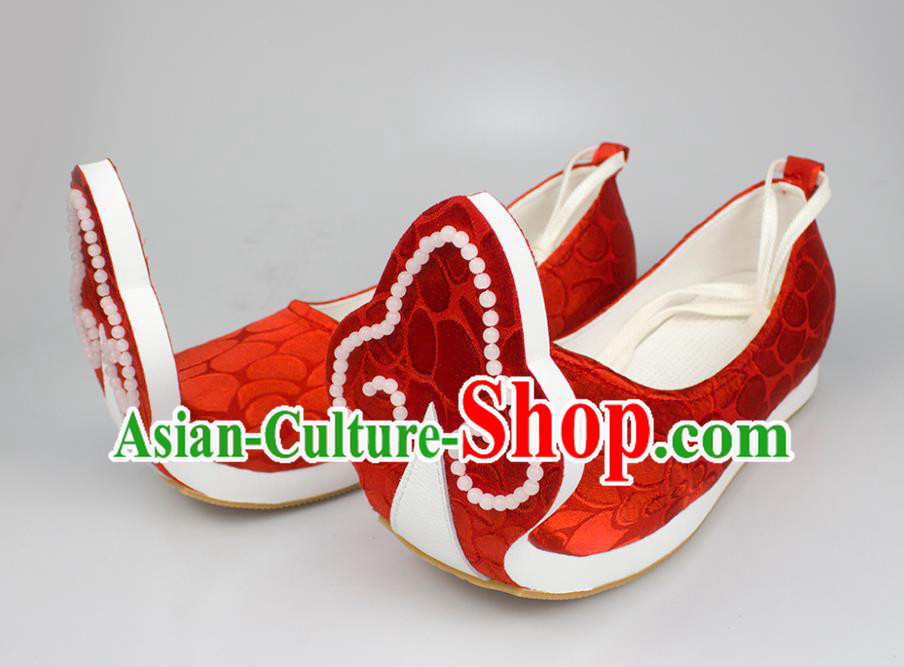 China Traditional Tang Dynasty Princess Shoes Classical Wedding Red Brocade Shoes Hanfu Beads Shoes