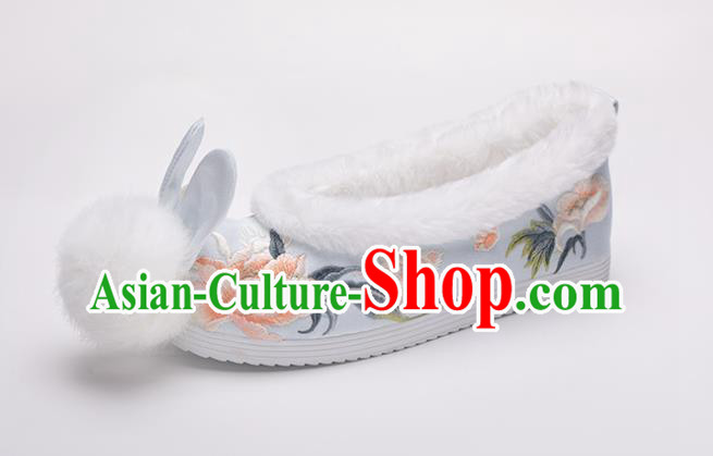 China Ming Dynasty Princess Shoes Classical Blue Brocade Shoes Traditional Embroidered Hanfu Shoes