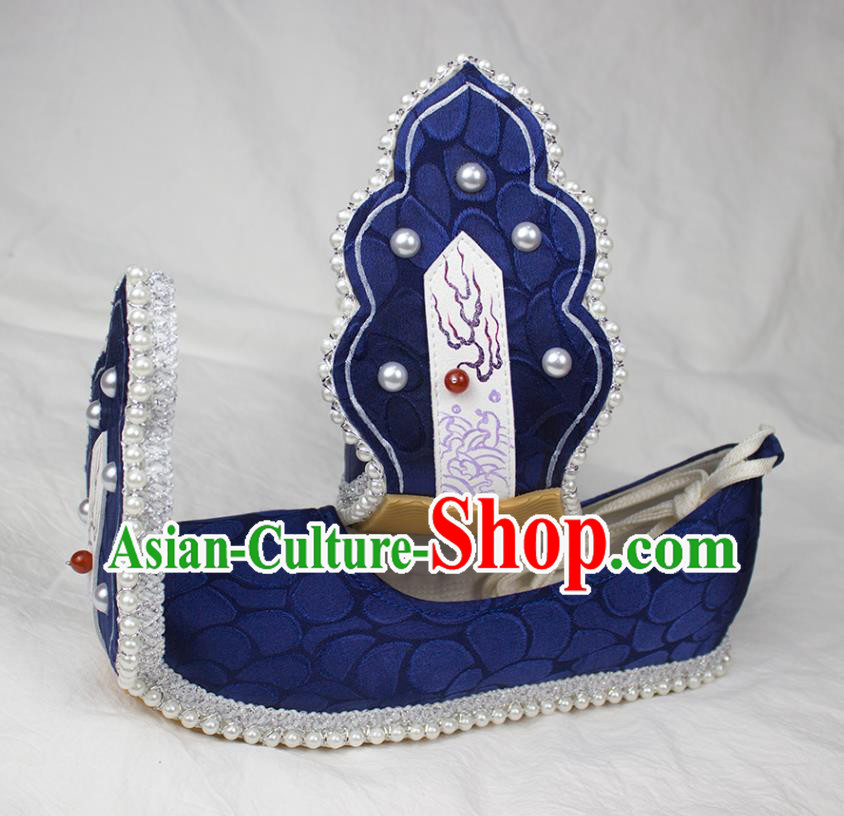 China Classical Royalblue Brocade Shoes Traditional Wedding Hanfu Pearls Shoes Tang Dynasty Princess Shoes