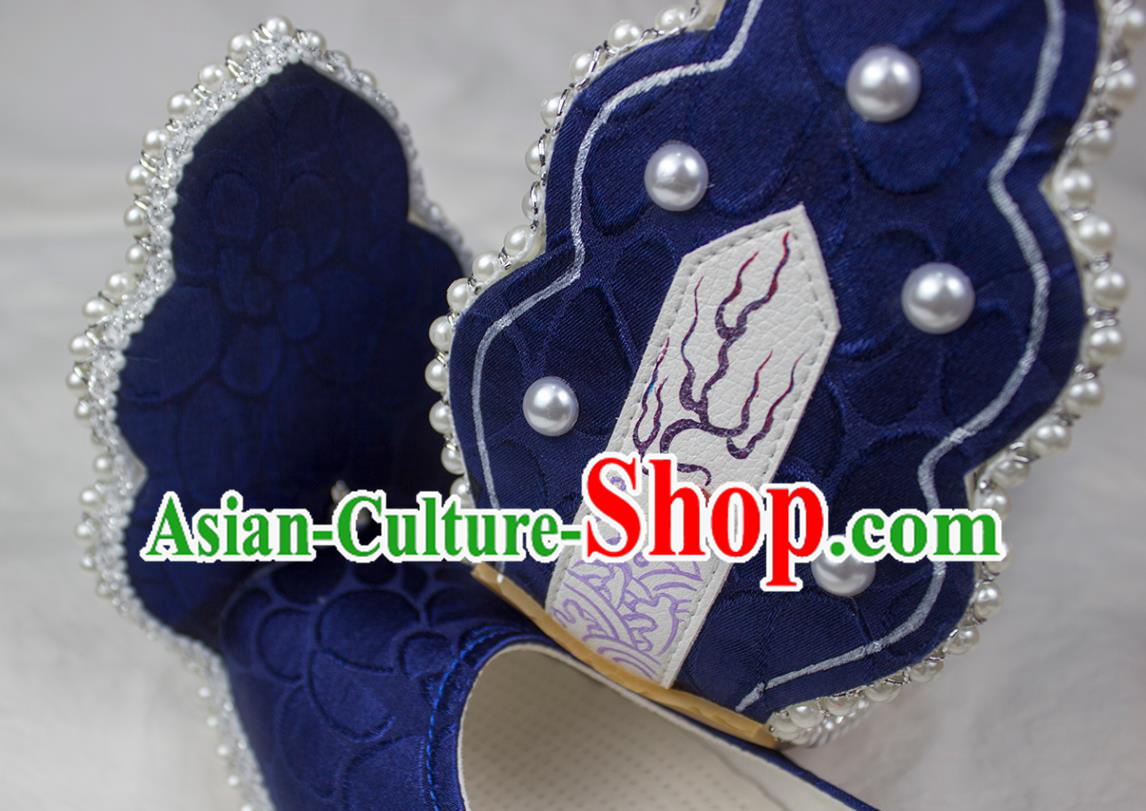 China Classical Royalblue Brocade Shoes Traditional Wedding Hanfu Pearls Shoes Tang Dynasty Princess Shoes