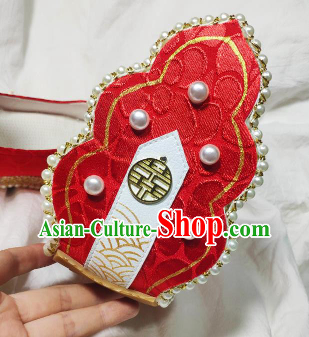 China Classical Red Brocade Shoes Hanfu Pearls Shoes Traditional Song Dynasty Wedding Shoes