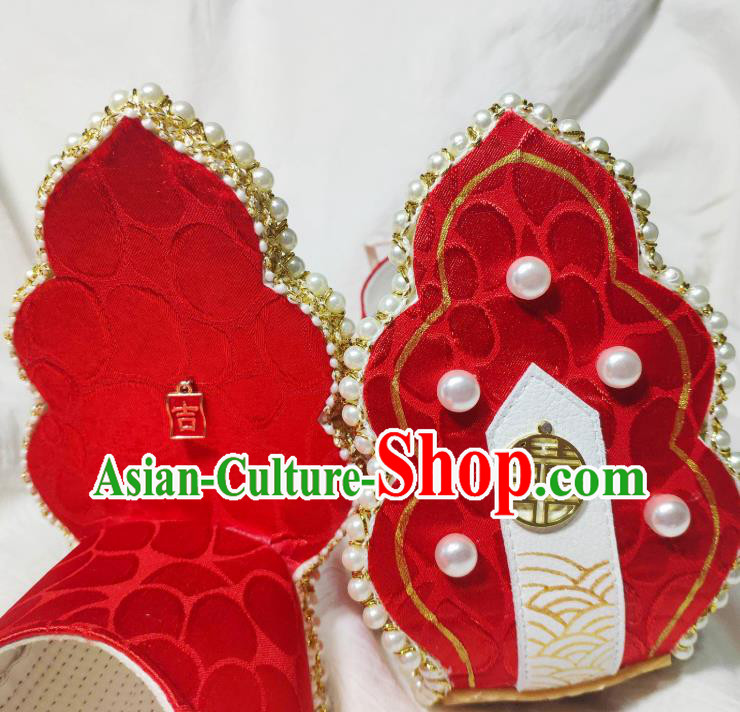 China Classical Red Brocade Shoes Hanfu Pearls Shoes Traditional Song Dynasty Wedding Shoes