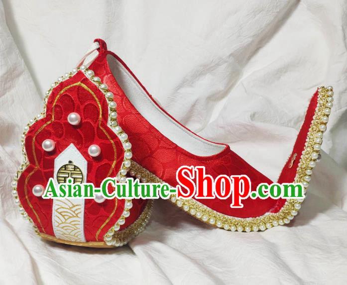 China Classical Red Brocade Shoes Hanfu Pearls Shoes Traditional Song Dynasty Wedding Shoes