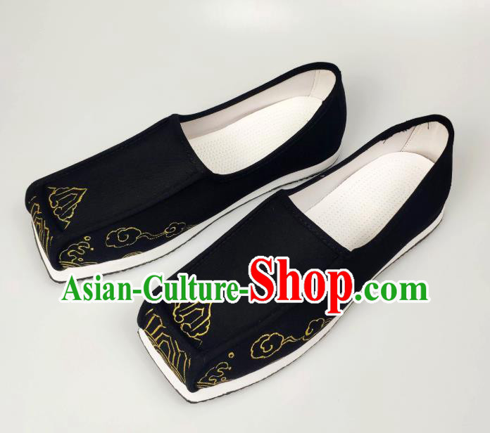 Chinese Handmade Ancient Scholar Black Cloth Shoes Traditional Ming Dynasty Embroidered Shoes