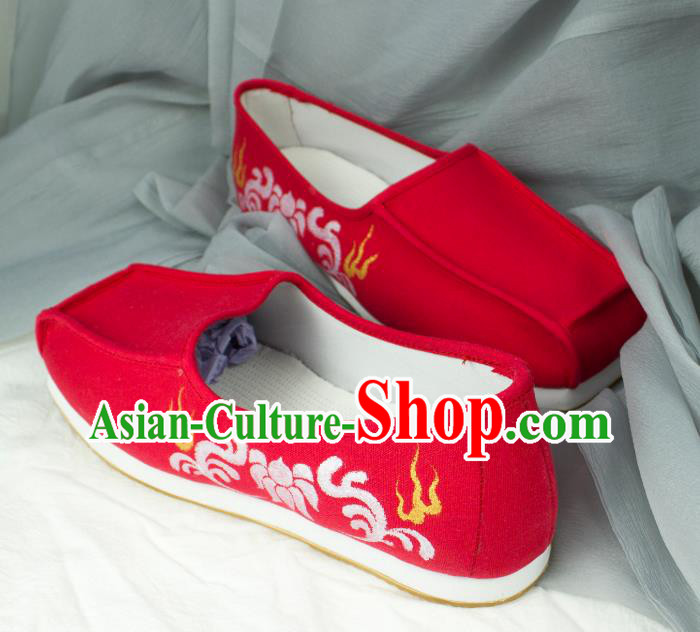 Chinese Traditional Ming Dynasty Bridegroom Shoes Handmade Ancient Scholar Red Cloth Shoes