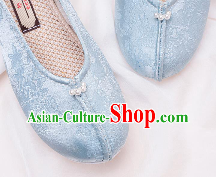 China Classical Blue Satin Shoes Hanfu Shoes Traditional Ming Dynasty Women Shoes