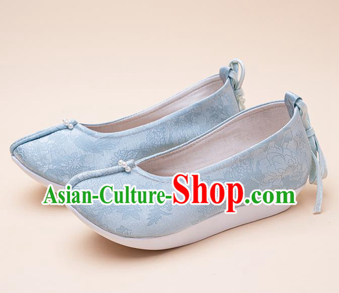 China Classical Blue Satin Shoes Hanfu Shoes Traditional Ming Dynasty Women Shoes