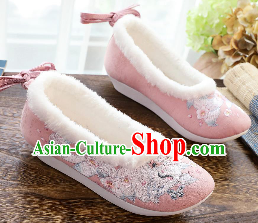 China Winter Pink Cloth Shoes Classical Embroidered Fox Shoes Traditional Women Hanfu Shoes