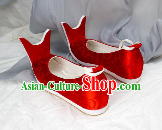 China Traditional Jin Dynasty Palace Lady Shoes Red Brocade Shoes Classical Wedding Shoes