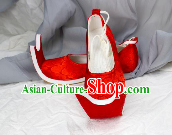 China Traditional Jin Dynasty Palace Lady Shoes Red Brocade Shoes Classical Wedding Shoes