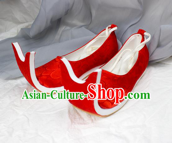 China Traditional Jin Dynasty Palace Lady Shoes Red Brocade Shoes Classical Wedding Shoes