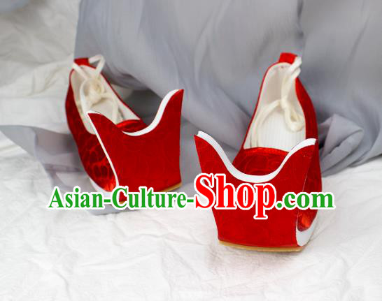 China Traditional Jin Dynasty Palace Lady Shoes Red Brocade Shoes Classical Wedding Shoes