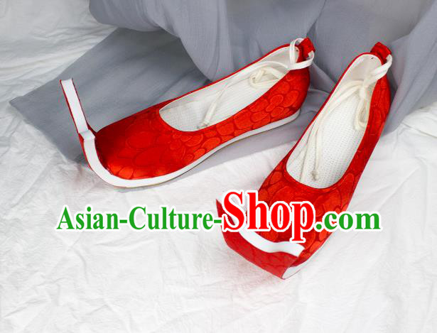 China Traditional Jin Dynasty Palace Lady Shoes Red Brocade Shoes Classical Wedding Shoes