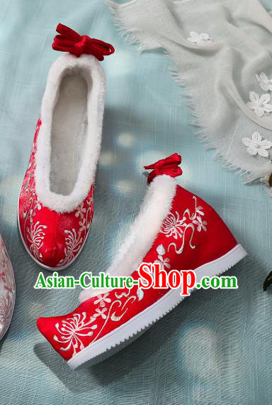 China Traditional Embroidered Manjusaka Shoes Ming Dynasty Hanfu Shoes Classical Red Cloth Shoes