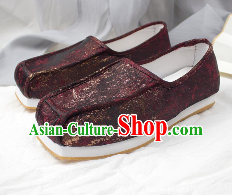 Chinese Traditional Song Dynasty Scholar Shoes Handmade Ancient Official Dark Red Satin Shoes