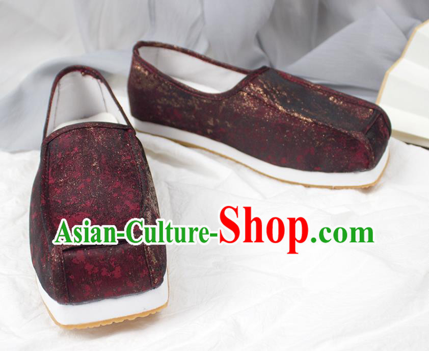 Chinese Traditional Song Dynasty Scholar Shoes Handmade Ancient Official Dark Red Satin Shoes
