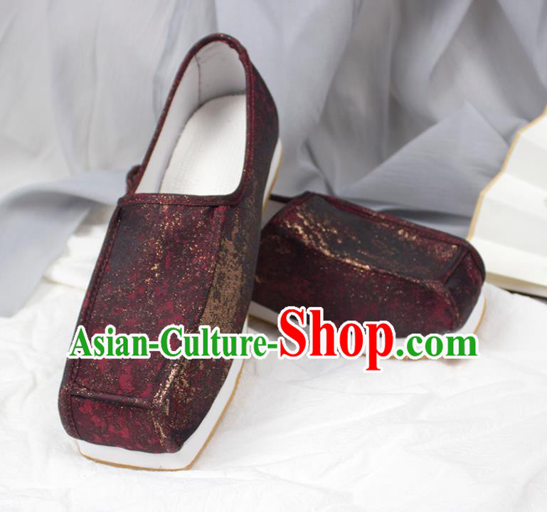 Chinese Traditional Song Dynasty Scholar Shoes Handmade Ancient Official Dark Red Satin Shoes