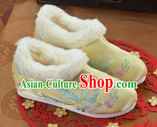 China Embroidered Phoenix Yellow Cloth Shoes Traditional Winter Shoes National Ankle Boots