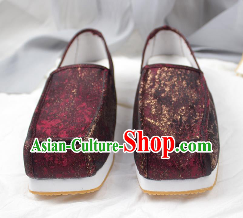 Chinese Traditional Song Dynasty Scholar Shoes Handmade Ancient Official Dark Red Satin Shoes