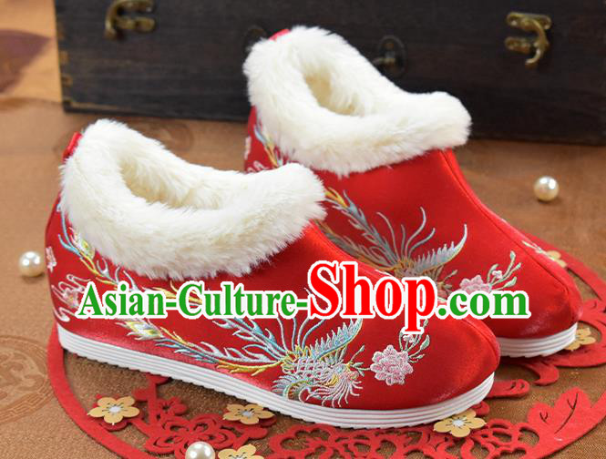 China National Ankle Boots Embroidered Phoenix Red Cloth Shoes Traditional Winter Shoes
