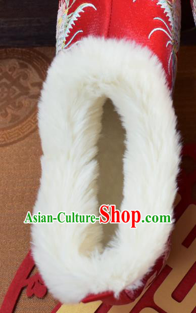 China National Ankle Boots Embroidered Phoenix Red Cloth Shoes Traditional Winter Shoes