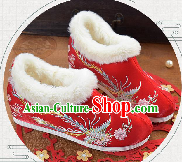 China National Ankle Boots Embroidered Phoenix Red Cloth Shoes Traditional Winter Shoes
