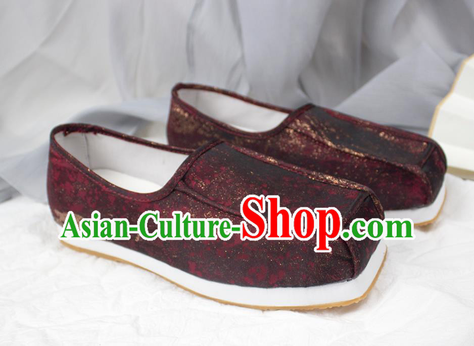 Chinese Traditional Song Dynasty Scholar Shoes Handmade Ancient Official Dark Red Satin Shoes