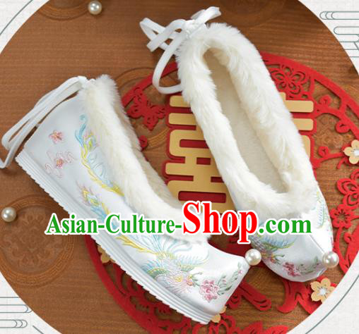 China National Embroidered Phoenix White Cloth Shoes Traditional Hanfu Shoes Winter Shoes
