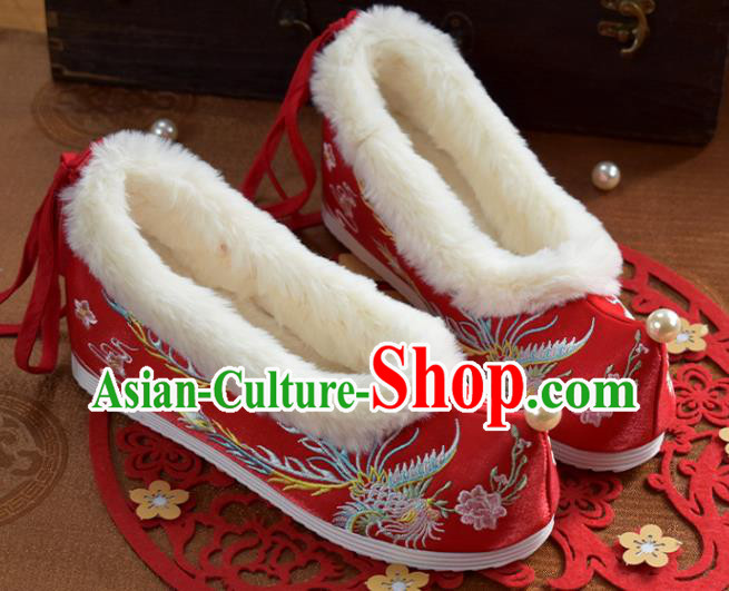 China Traditional Hanfu Shoes National Embroidered Phoenix Red Cloth Shoes Winter Wedding Shoes