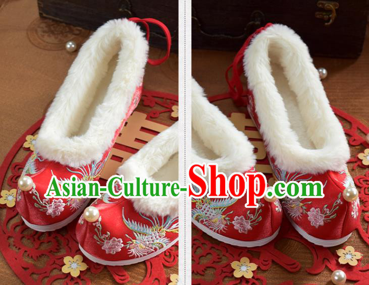 China Traditional Hanfu Shoes National Embroidered Phoenix Red Cloth Shoes Winter Wedding Shoes