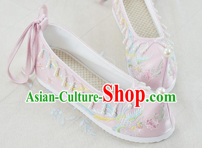 China National Embroidered Phoenix Pink Cloth Shoes Traditional Wedding Shoes Women Hanfu Shoes