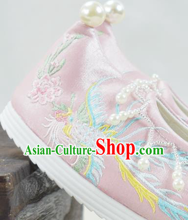 China National Embroidered Phoenix Pink Cloth Shoes Traditional Wedding Shoes Women Hanfu Shoes