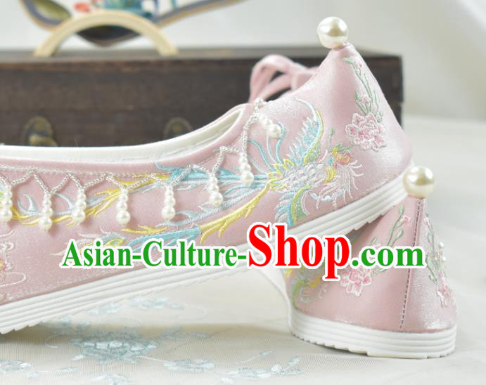 China National Embroidered Phoenix Pink Cloth Shoes Traditional Wedding Shoes Women Hanfu Shoes
