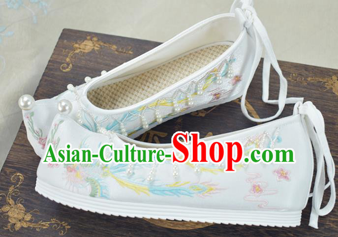 China Traditional Beads Tassel Shoes Women Hanfu Shoes National Embroidered Phoenix White Cloth Shoes