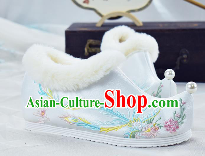 China White Cloth Shoes Traditional Winter Shoes Women Hanfu Shoes National Embroidered Phoenix Shoes
