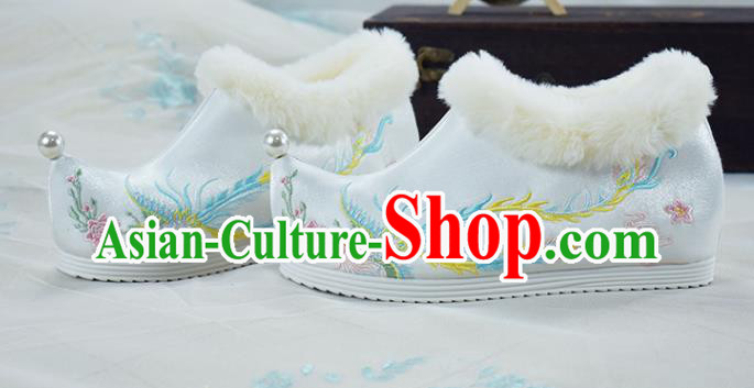 China White Cloth Shoes Traditional Winter Shoes Women Hanfu Shoes National Embroidered Phoenix Shoes