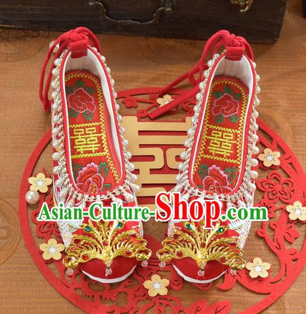 China Wedding Shoes Traditional Xiuhe Suit Red Cloth Shoes Women Golden Phoenix Shoes
