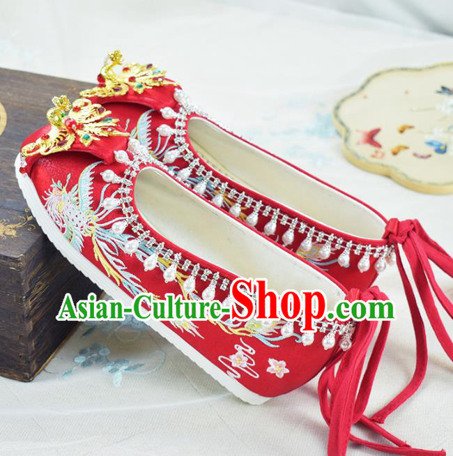 China Wedding Shoes Traditional Xiuhe Suit Red Cloth Shoes Women Golden Phoenix Shoes