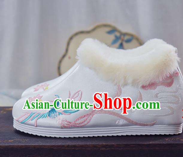 China Traditional Wedding Shoes National Embroidered Phoenix Shoes White Cloth Shoes