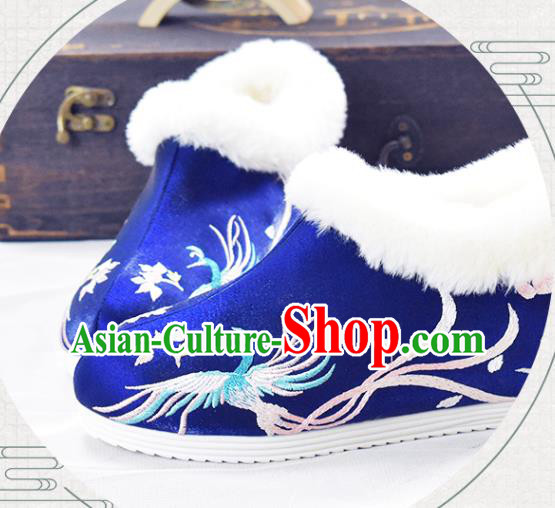 China Royalblue Cloth Shoes Traditional Wedding Shoes National Embroidered Phoenix Shoes