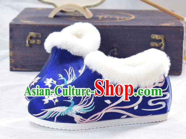 China Royalblue Cloth Shoes Traditional Wedding Shoes National Embroidered Phoenix Shoes