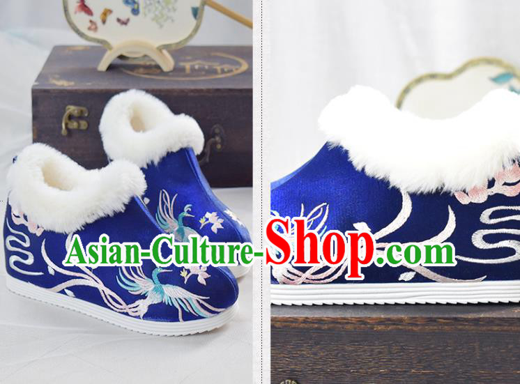 China Royalblue Cloth Shoes Traditional Wedding Shoes National Embroidered Phoenix Shoes