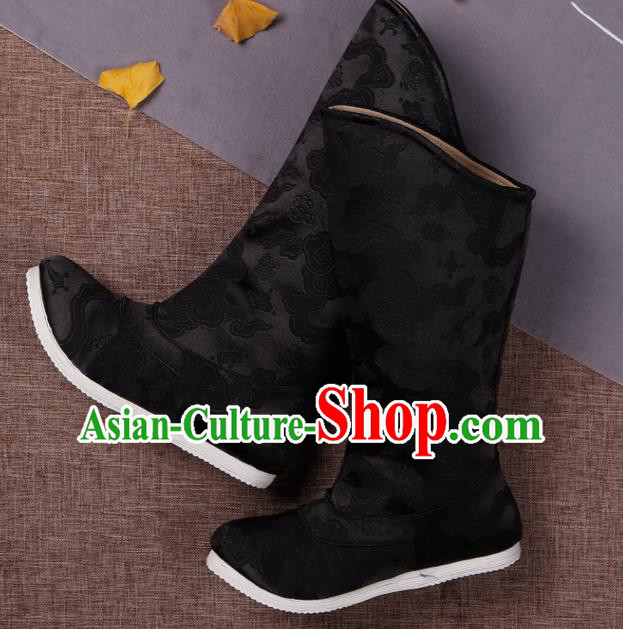Chinese Ancient Swordsman Shoes Handmade Traditional Ming Dynasty Imperial Guard Black Brocade Boots