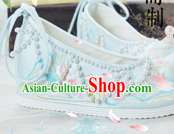 China National Beads Shoes Traditional Hanfu Shoes Women Light Blue Embroidered Shoes