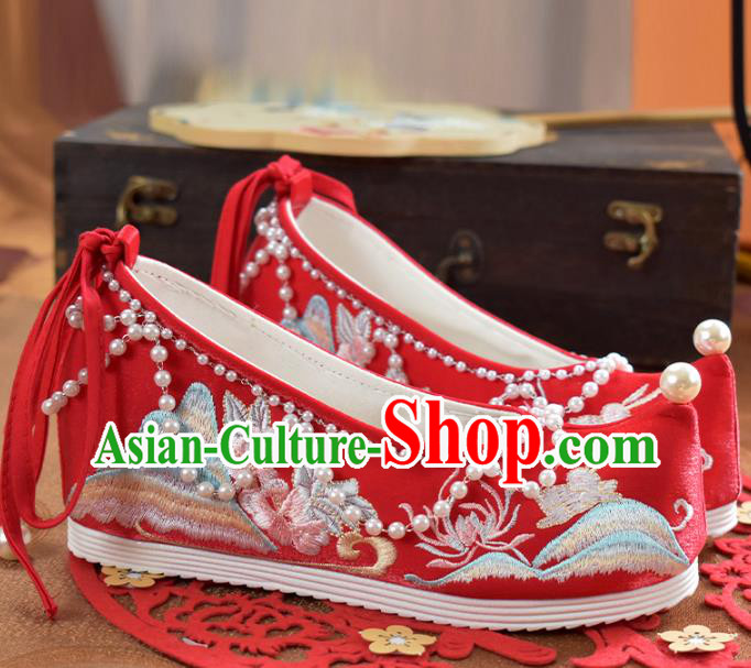 China Traditional Wedding Hanfu Shoes Women Red Embroidered Shoes National Beads Shoes