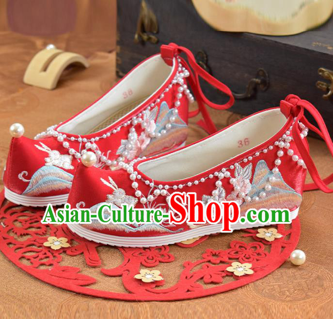 China Traditional Wedding Hanfu Shoes Women Red Embroidered Shoes National Beads Shoes