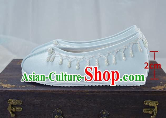 China National Women Shoes Traditional Hanfu Shoes Light Blue Satin Shoes