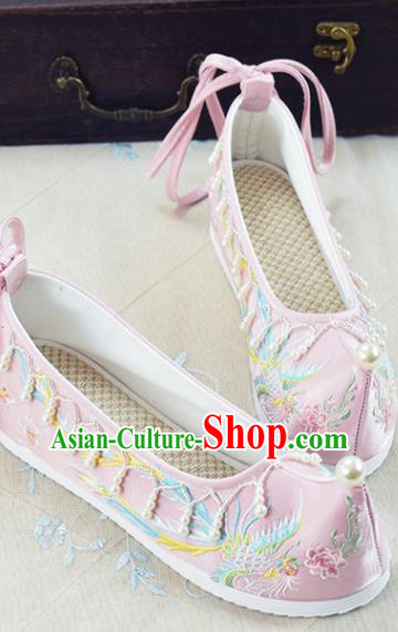China Traditional Women Hanfu Shoes Pink Embroidered Shoes National Beads Tassel Shoes