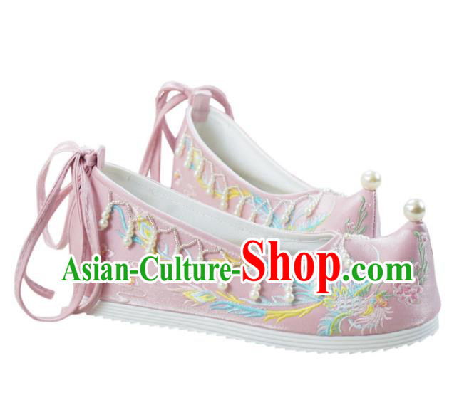 China Traditional Women Hanfu Shoes Pink Embroidered Shoes National Beads Tassel Shoes